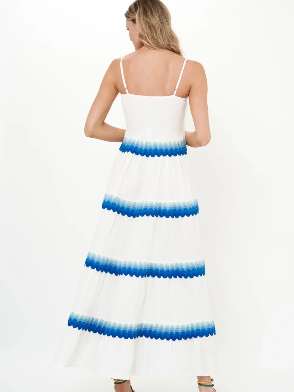 Oliphant White Cotton Maxi Dress with Blue Ric Rac Trim, Size Medium - Picture 10 of 10